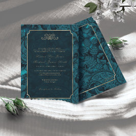 Convite Formal Paisley Wedding Dark Teal ID767