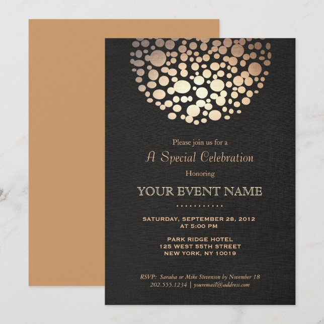 Convite Formal Preto com Esfera de Círculo Dourado (Frente/Verso)