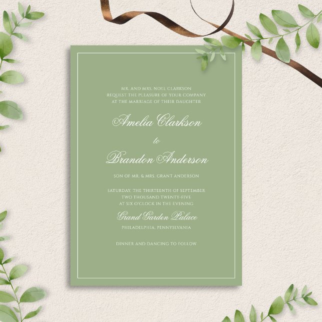 Convite Formal Real Sage Green Border Script Wedding (Criador carregado)