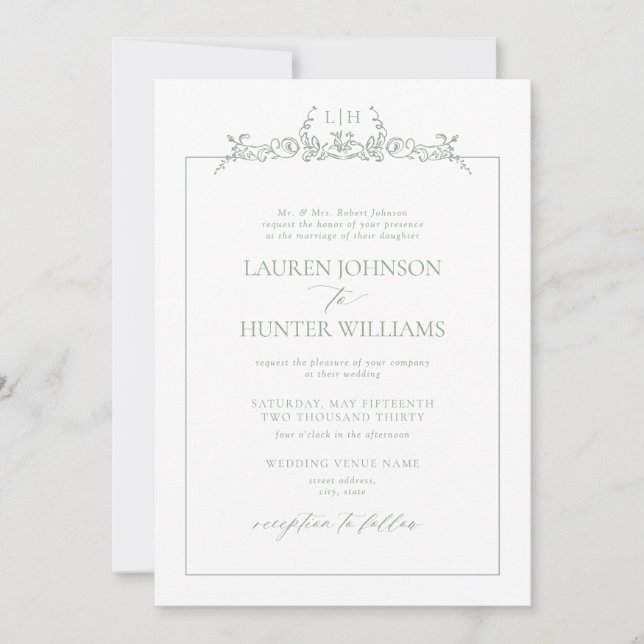 Convite Formal Sage Green Floral Border Monogram Wedding (Frente)
