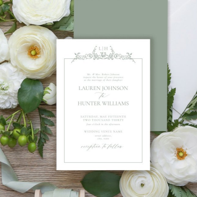 Convite Formal Sage Green Floral Border Monogram Wedding (Criador carregado)