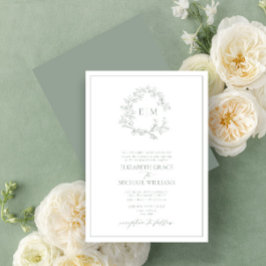 Convite Formal Sage Green Leafy Crest Monograma Casamento