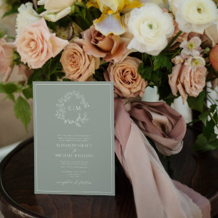 Convite Formal Sage Green Leafy Crest Monograma Wedding In