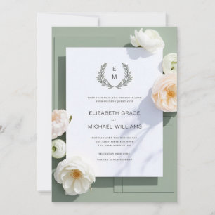 Convite Formal Sage Green Leafy Crest Monograma Wedding In