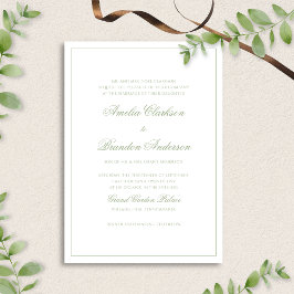 Convite Formal Sage Green & White Border Script Wedding