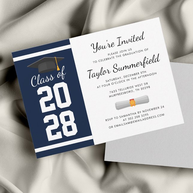 Convite Formando azul Marinho 2025 festa de formatura bran (Graduation 2024 Navy Blue Typography Script Party Invitation)