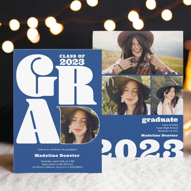 Convite Formando azulado e sobredimensionado 4  com gradua (Blue bold oversized Grad 4 photo 2023 graduation Invitation)