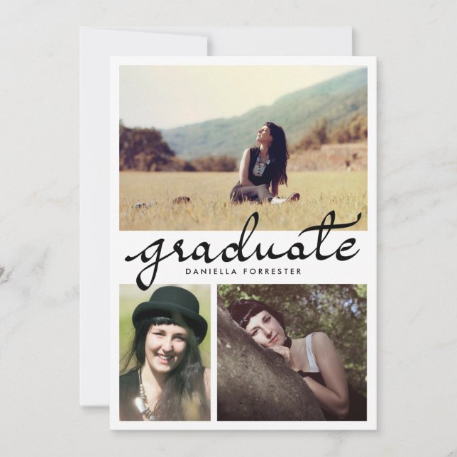 Convite Formando Bonito Caligrafia Três Fotos (Frente)