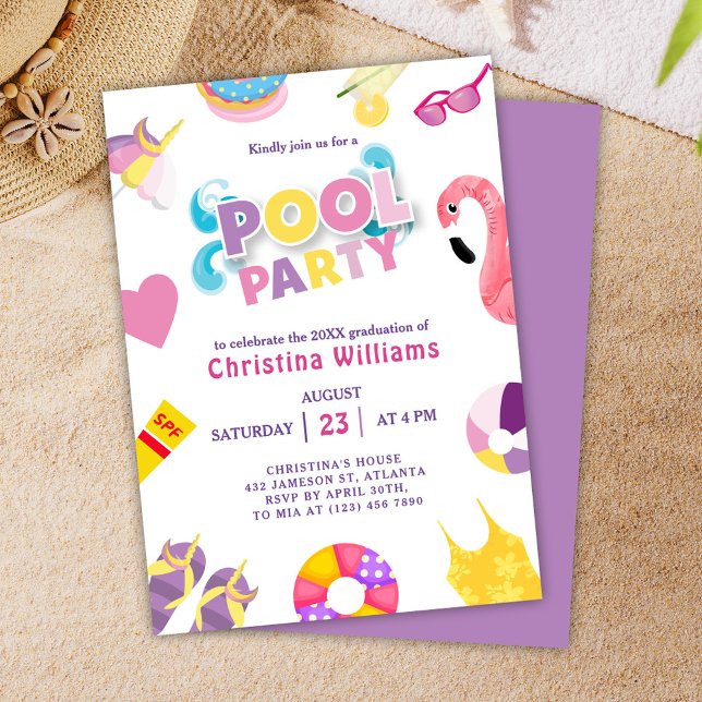 Convite Formando de Verão da Festa de formatura piscina (Pool Graduation Party Summer Grad Invitation)