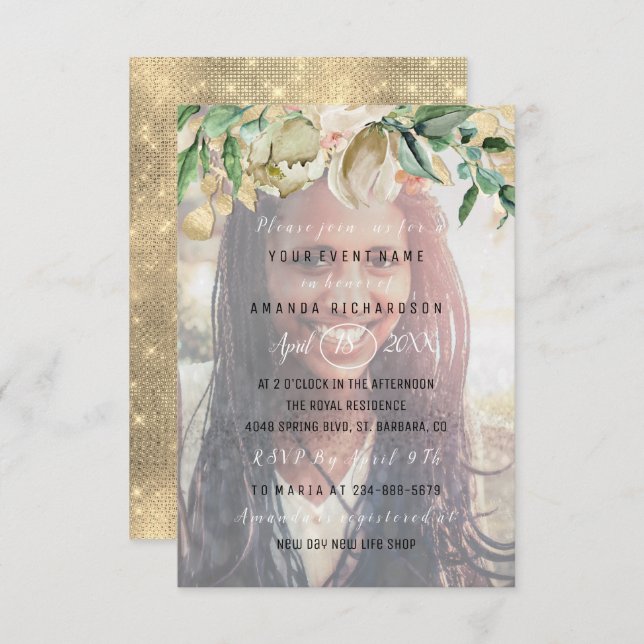 Convite formando Dourado de Flores de Fotografias da Festa (Frente/Verso)