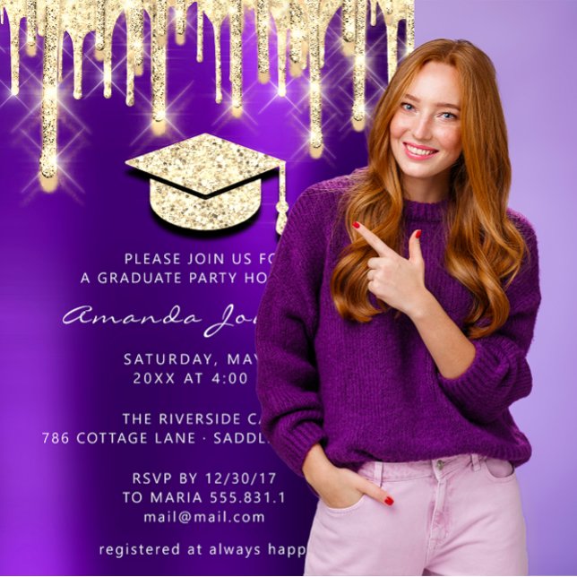 Convite Formando Drives Boné Dourado Glitter Glam Purple 3 (Graduate Drips Gold Cap Glitter Glam Purple 3D Invitation)