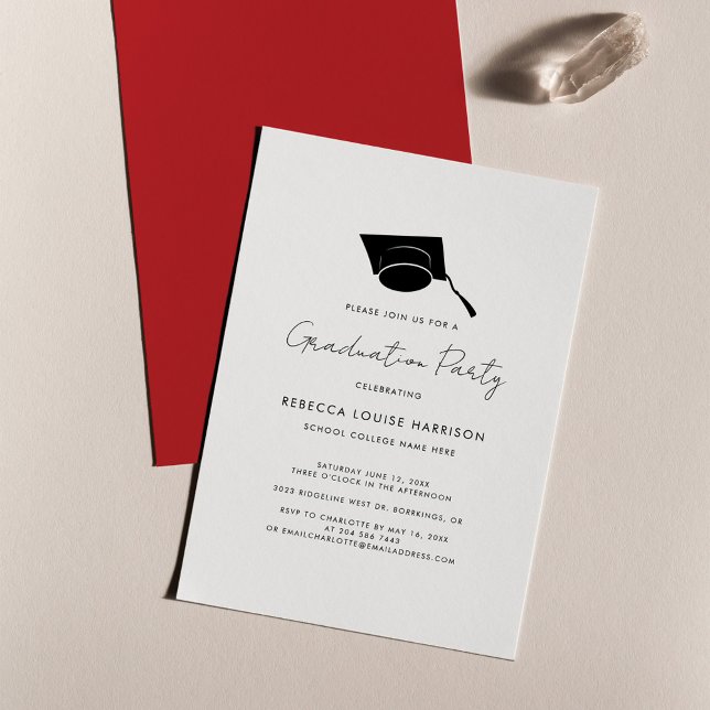 Convite Formando Elegante Vermelho do Script de Graduação  (Graduation 2024 Party Grad Cap Red Invitation)