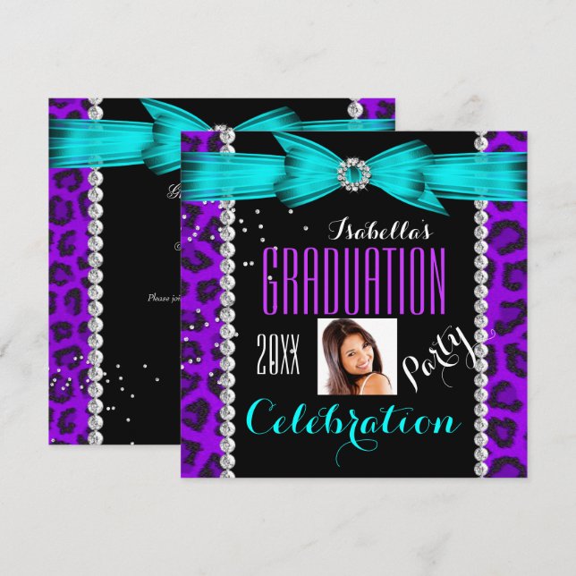 Convite Formando festa de formatura Púrpura Azul-Teal-Leop (Frente/Verso)