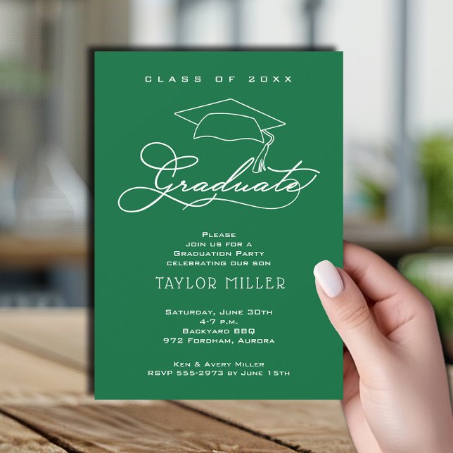 Convite Formando Festa de formatura Verde do Chapéu (Elegant white script and grad hat green graduation party invitations)