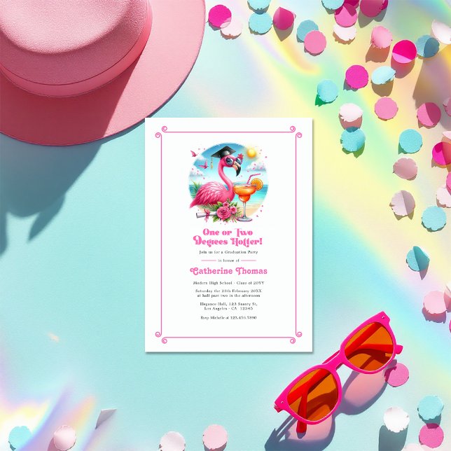 Convite Formando Flamingo Rosa Quente Mais Quente, de Um o (One or Two Degrees Hotter Hot-Pink Flamingo Grad Invitation)