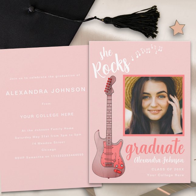 Convite Formando Foto rosa Festa de formatura de música co (Pink guitar graduate photo Graduation party invitation country music guitar)