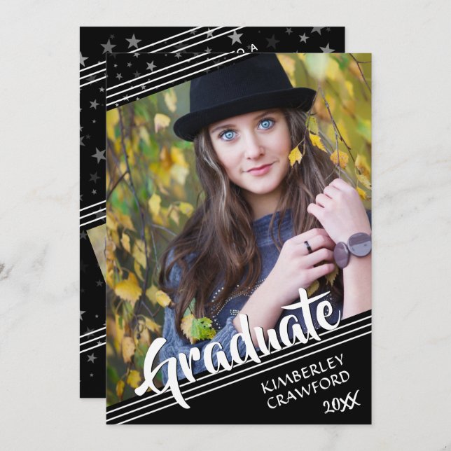 Convite Formando, Linhas e Estrelas | Preto & Branco | 4-F (Frente/Verso)