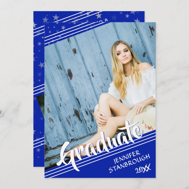 Convite Formando, Linhas e Estrelas | Royal Blue & White 4 (Frente/Verso)