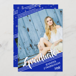 Convite Formando, Linhas e Estrelas   Royal Blue & White 4