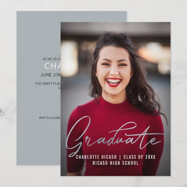 Convite Formando Modelo de Foto Prata Personalizada de Cin (Frente/Verso)