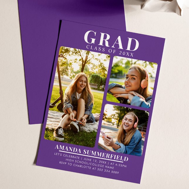 Convite Formando moderno 3 Fotografias Roxo Festa de forma (Graduation Photo Collage Purple Grad Party Invitation)