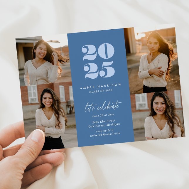 Convite Formando Moderno Minimalista | Foto Real Azul (Modern Minimalist Soaring Grad | Royal Blue + Light Blue Photo Invitation)