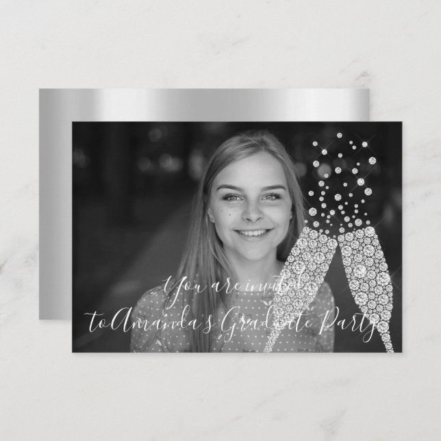 Convite Formando Party Champaigne Glass Bubbles FotoCinza (Frente/Verso)