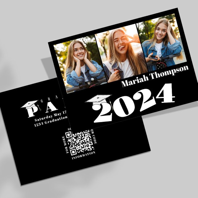 Convite Formando preto e branco Classe simples moderna de  (Graduation photo invitation announcement card with bold typography and QR Code)