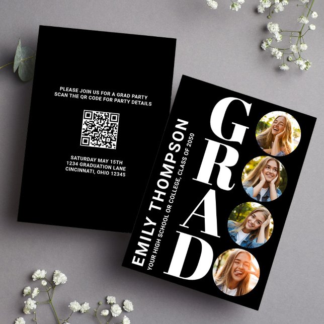 Convite Formando preto e branco Colagem de fotos moderna (Graduate "GRAD" typography photo collage invitation announcement. )