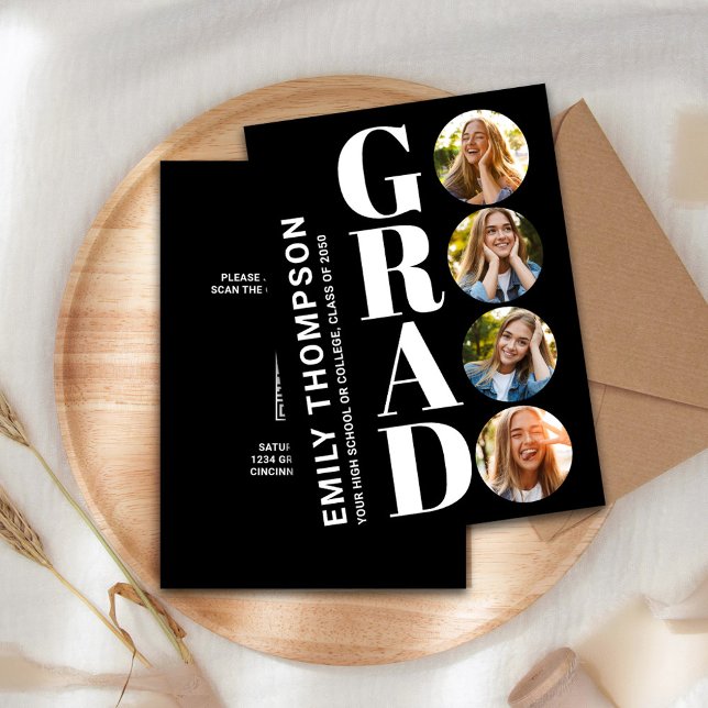 Convite Formando Preto e Branco Colagem de Fotos Personali (Graduate "GRAD" typography photo collage invitation announcement. )