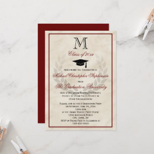 Convite Formandos Clássico Maroon Monograma Wreath