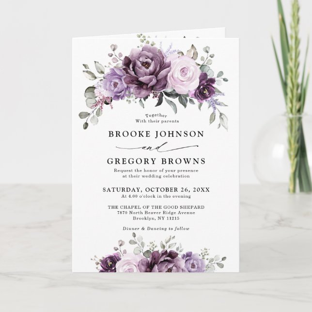Convite Formas de Casamento Floral Moody Blooms Roxo Dusty (Frente)