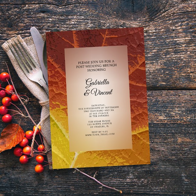 Convite Formas de Posto de Folha de outono Brunch (Set a seasonal Fall tone for your post wedding brunch with this Shades of Autumn Leaf Invitation.)
