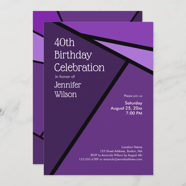 Convite Formas Geométricas Roxas aniversário de 40 anos Mo (Frente/Verso)