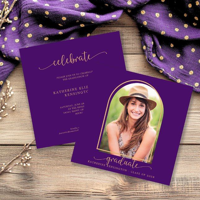 Convite Formatação de Fotos Dourada Mínima Roxo Boho Arch (Boho Arch Minimalist Purple Gold Photo Graduation Invitation)