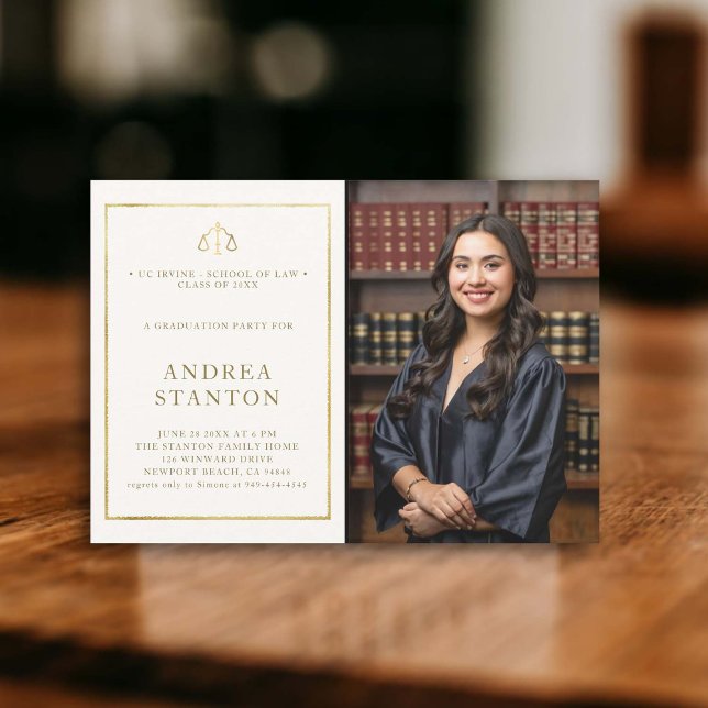 Convite Formatação na Faculdade de Direito Foto Moderna Do (law school graduation party invitation photo gold frame scales of justice elegant modern classy ivor)