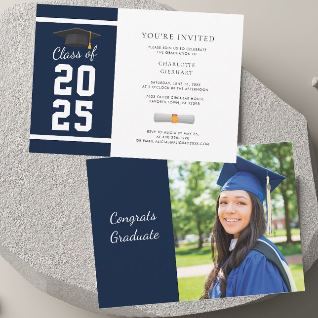 Convite Formatura 2026 Azul Marinho Foto Festa de Formatur (Grad 2025 Navy Blue Photo Graduation Party Invitation)