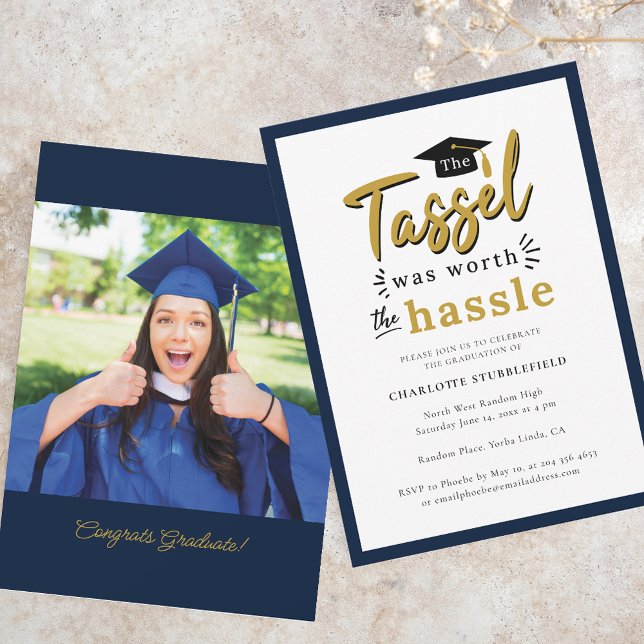Convite Formatura 2026 Festa de Fotos Azul Marinho (Graduation 2025 Tassel Worth Hassle Grad Party Invitation)