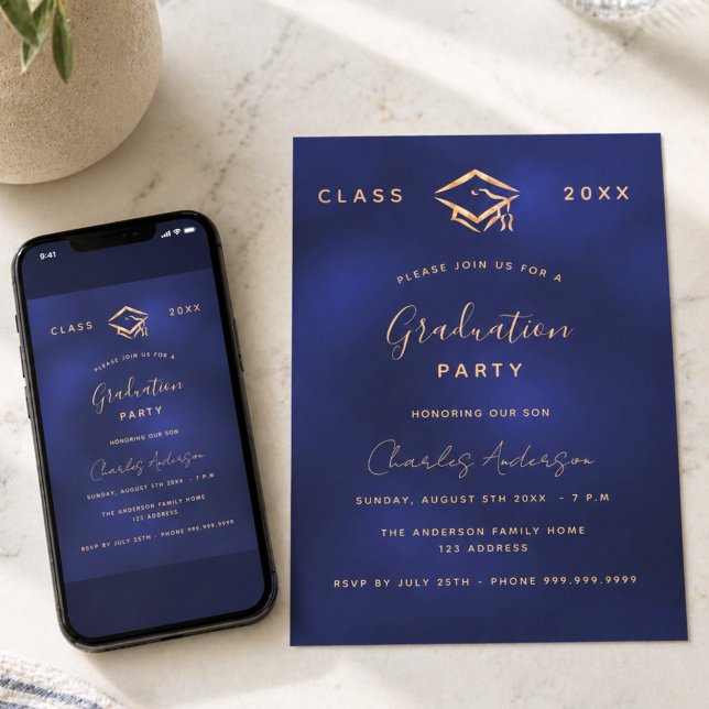 Convite Formatura azul marinho dourado simples 2026 (Criador carregado)