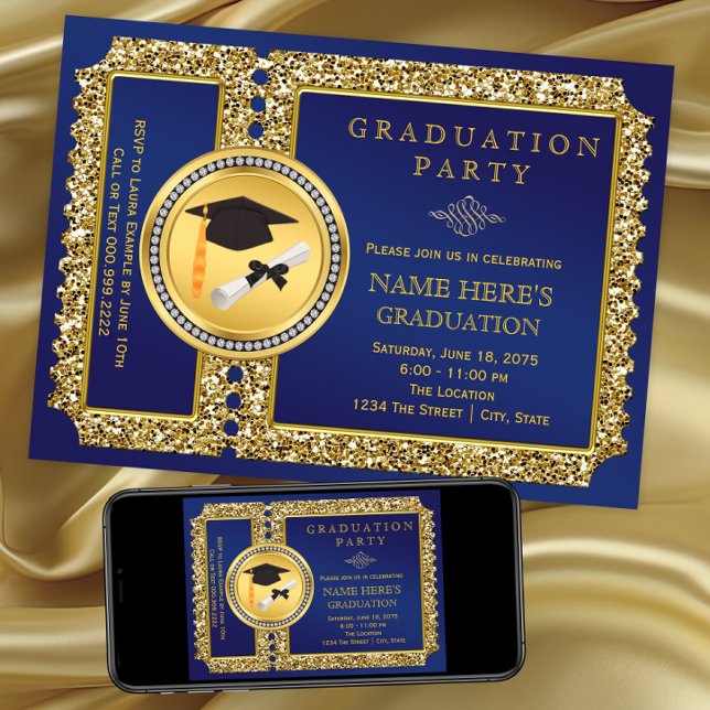Convite Formatura Azul Real e Dourado (Royal blue and gold graduation party invitation. Instant download file and printed invites available)