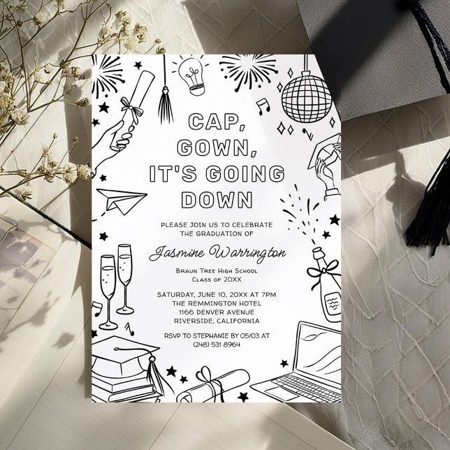 Convite Formatura Caprichosa Preta Moderna em Doodle (Criador carregado)