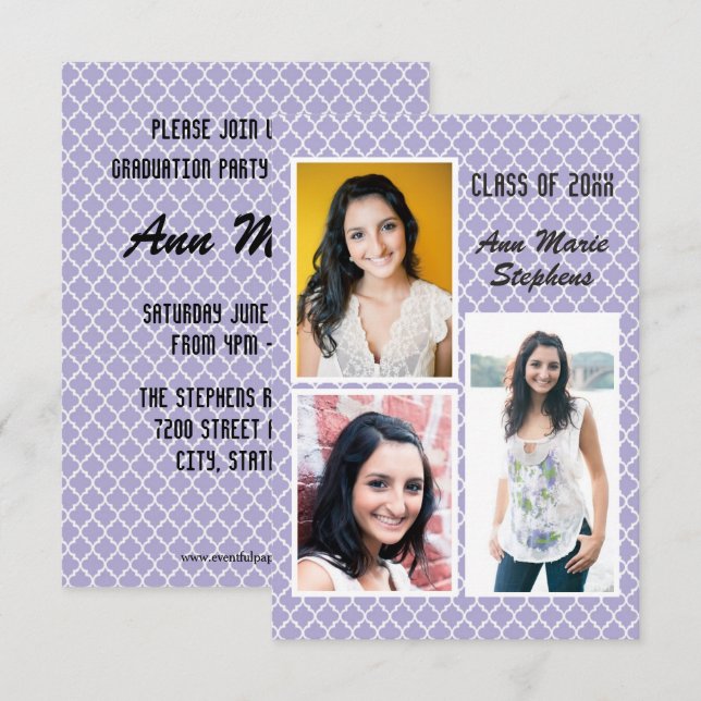 Convite Formatura Chic Moderno 3 Fotos Quatrefoil Roxo -3x (Frente/Verso)