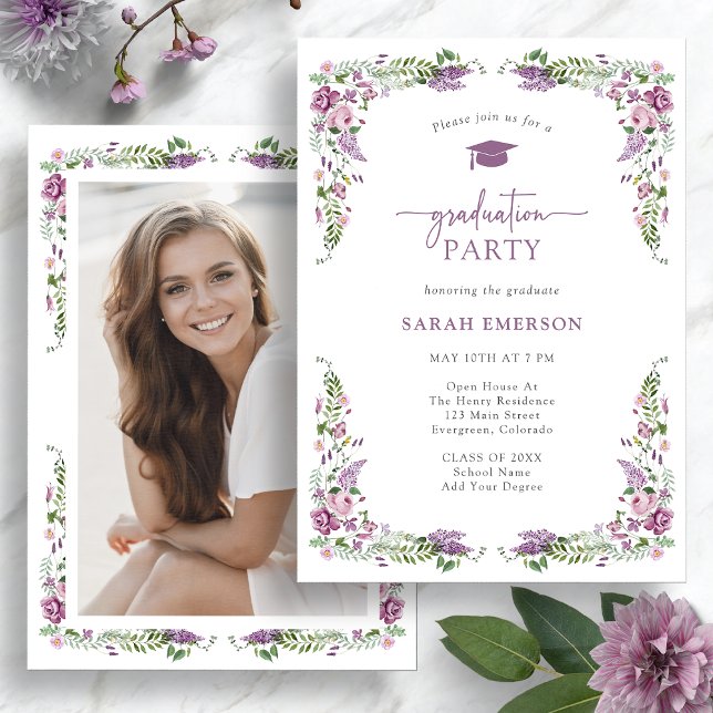 Convite Formatura com Floral Roxa (Purple Floral Photo Graduation  Party Invitation by Painted Paperie
)