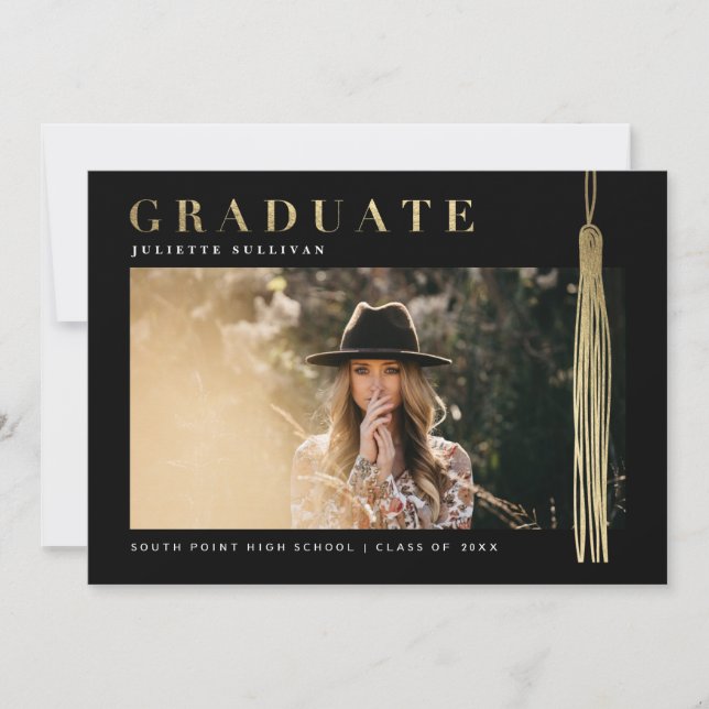 Convite Formatura com Foto Moderna em Dourado e Preto (Frente)
