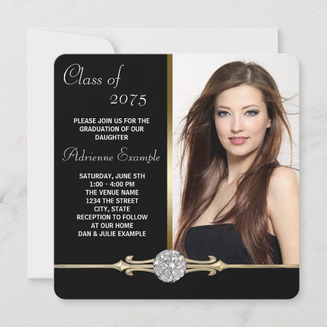 Convite Formatura com Glamour Preto e Diamante Dourado (Frente)