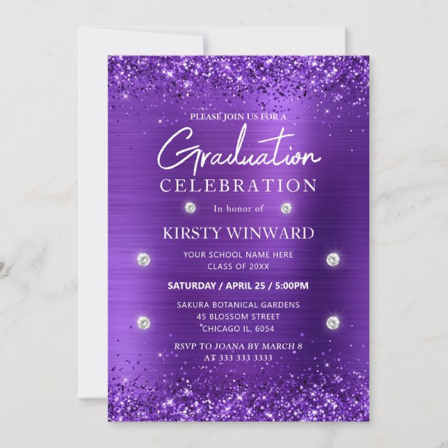 Convite Formatura com Metal Escovado Roxo e Brilho (Frente)