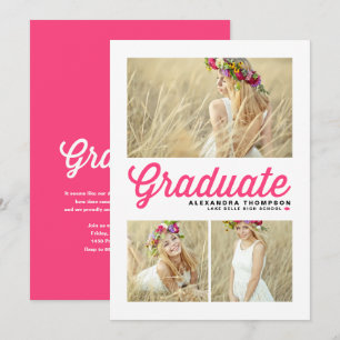 Convite Formatura com Três Fotos em Script Retro Rosa Quen