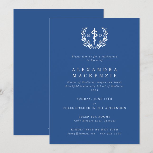 Convite Formatura Coroa de Louros + Asclepius MD Azul (Frente/Verso)