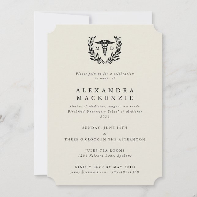 Convite Formatura Cream MD Caduceus + Coroa de Louros (Frente)