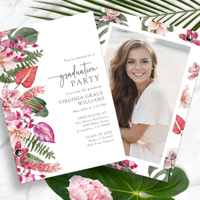 Convite Formatura da Tropical Photo (Tropical Floral Photo Graduation Party Invitation by Painted Paperie
)